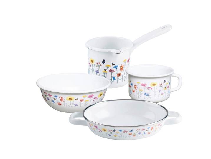 Riess Kochtopfset Flora, Mehrfarbig, Metall, 4-teilig, 0,8 L, rund, backofengeeignet, kratzfest, hitzebeständige Griffe, geschmacksneutral, Hohlgriffe, schadstofffrei gemäß EU-Standards, Kochen, Töpfe, Topfsets