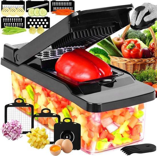 Zwarte mandoline snijmachine met meerdere messen van roestvrij staal en kunststof