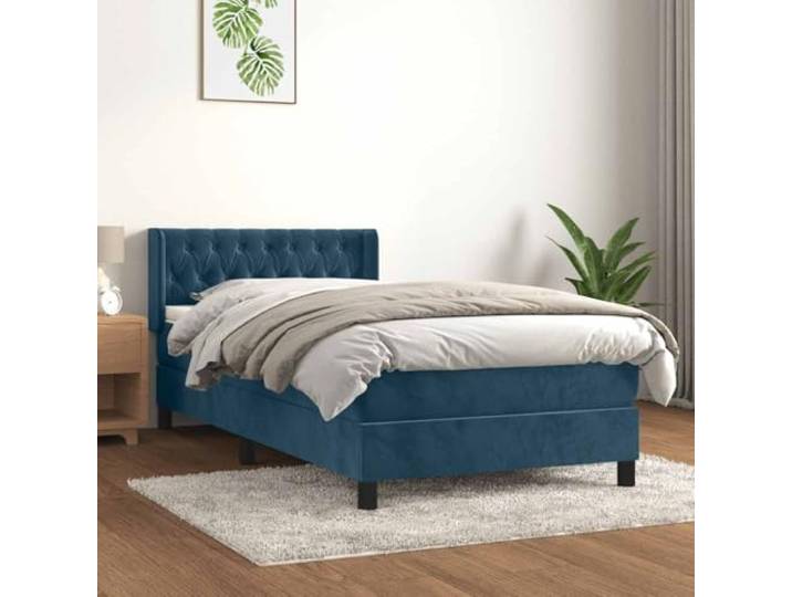 RJPLMFV Komplettes Bett, 90 x 190 cm, Dunkelblau, Velours Verstellbarer Kopf, Matratze mit Taschenfedern, Unterstützung für Rücken und Bauch, Matratzenschoner inklusive