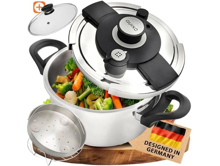 QUIXO Schnellkochtopf 4L VitaSmart Dampfkochtopf Induktion Quicksafe-Verschluss mit Kochsignal, 2 Garstufen (4L + Garkorb & Glasdeckel)