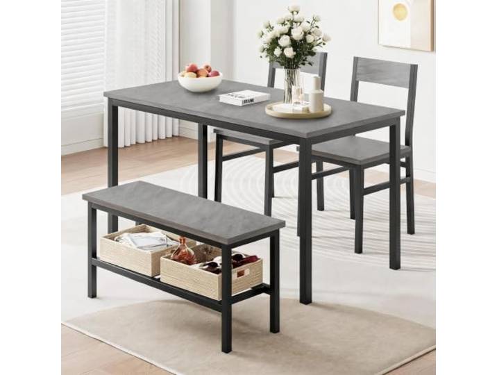 Virimolo Esstisch Set 4-Teilig Mit 3 Stühlen, Metallgestell PB-Platte Küchentisch 115 x 70 x 76 cm, Esstisch mit 1 Bänken und Ablageflächen, Esstischgruppe für kleine Wohnungen und Apartments