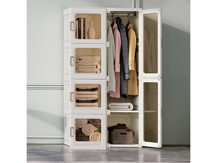 JHGFVDX Klappbarer Kleiderschrank, durchsichtiger Kleiderschrank mit Türen, stapelbarer Kunststoffschrank(69 * 50 * 136cm)