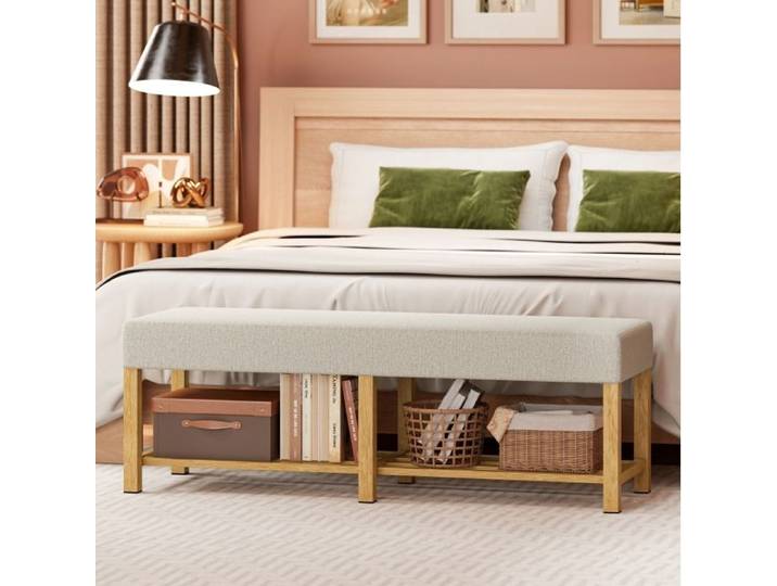Banc à chaussures 140 cm – banc d'entrée en bois d'hévéa – assise rembourrée crème blanc