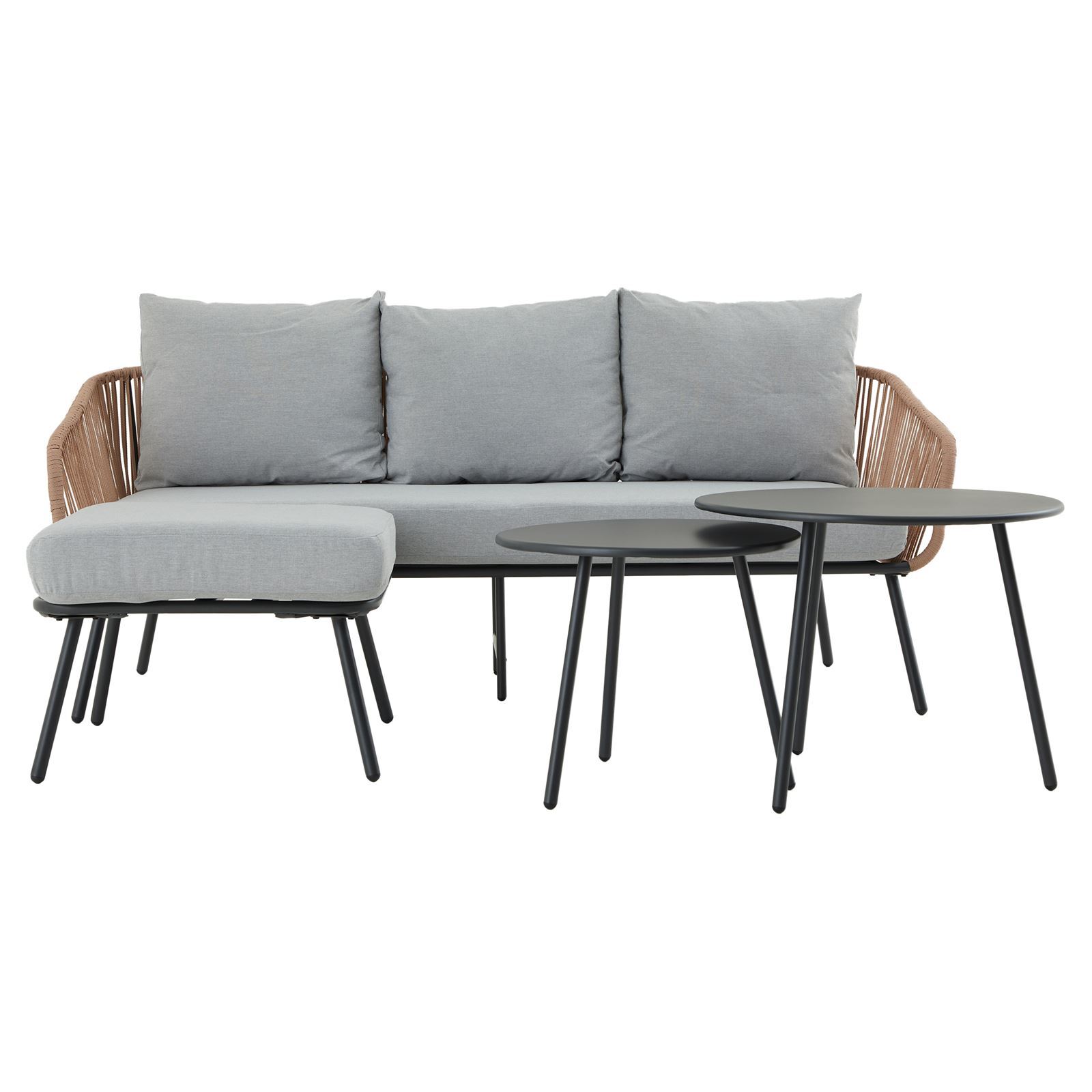 Gartenlounge MYKONOS, braun/grau - Balkon Lounge Sofa mit Dreisitzer, Hocker & Beistelltisch, wasserabweisende Kissen, wetterfest für Balkon und Terrasse