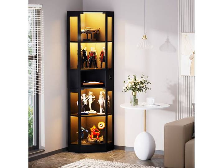Vitrine en Verre 5 Niveaux avec Portes en Verre LED et Détection de Mouvement - MODENVIE - Salon 57×40×165 cm