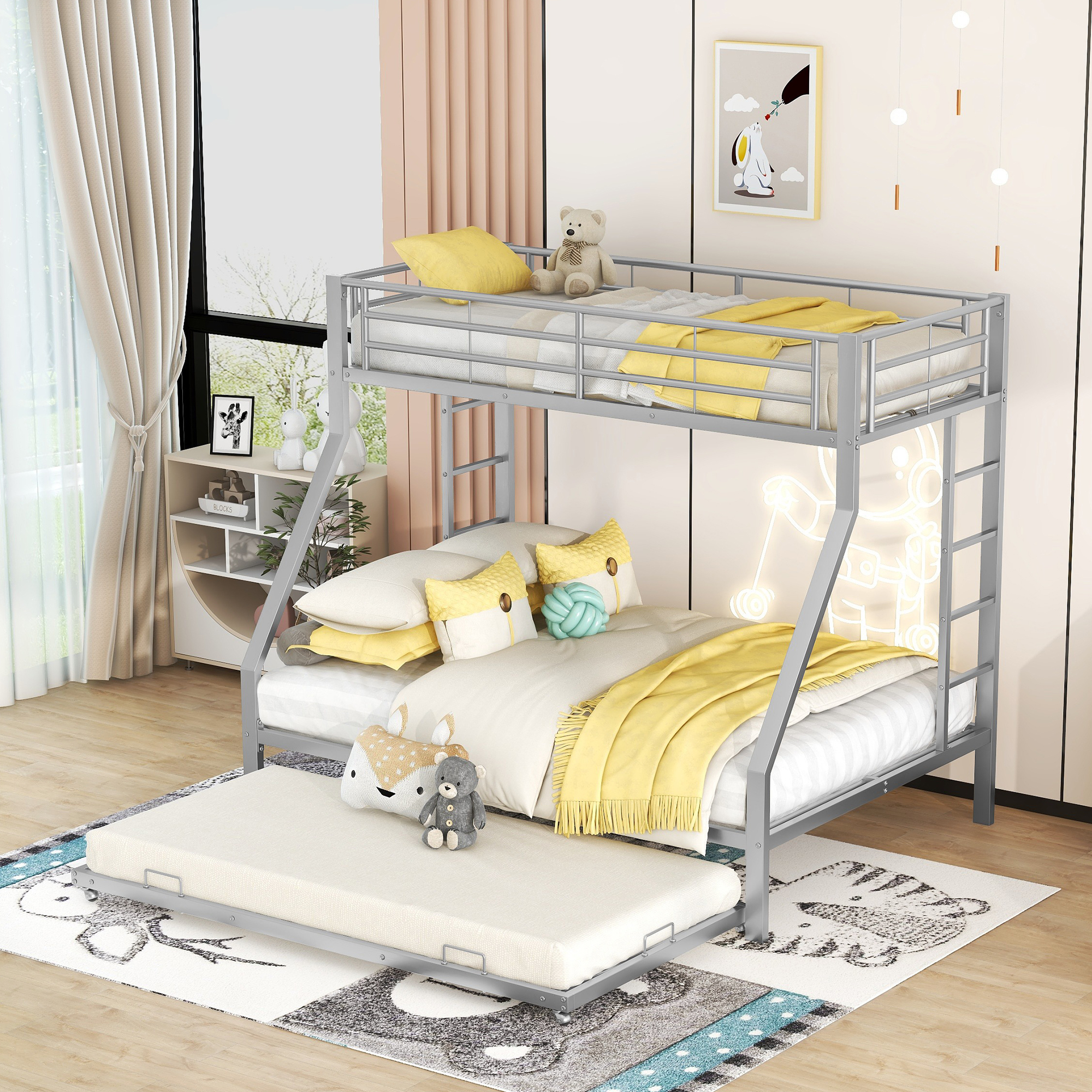 MODFU Etagenbett 90x200cm/140x200cm Ausziehbett mit ausziehbarem Bett, Metallbett Erweiterbares Kinderbett mit Rausfallschutz und Leiter(ohne Matratze), Grau