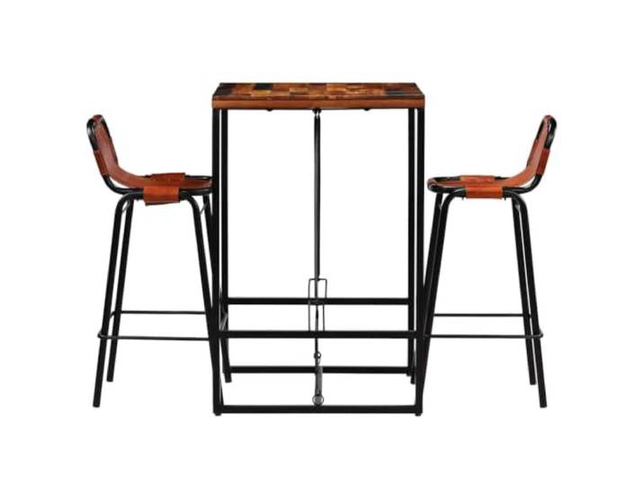Bar-Set, 3-teilig, recyceltes Massivholz und Ziegenleder Bartisch, 2 Barstühle, echtes Ziegenleder, pulverbeschichteter Stahl, Retro Industriestil, einfache Montage