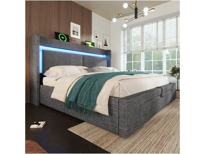 ULEVR lit rembourré 160 x 200 cm gris avec LED USB/USB-C tête de lit de rangement et coffre hydraulique