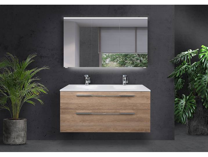 Badmöbel Modica 120 cm Doppelwaschtisch, mit Unterschrank und Multi Led Spiegelschrank, Intarbad