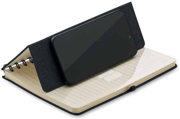 Cahier A5 publicitaire avec support de téléphone STRATA noir