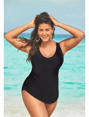 Plus Size Women's Sarong Front One Piece Swimsuit by Swimsuits For All in Black (Size 12)
