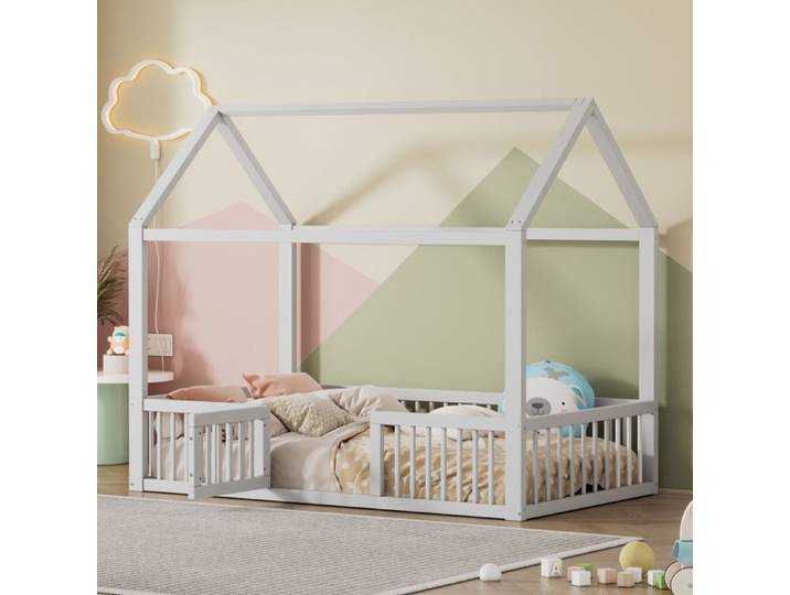 Lit cabane enfant 90x200 cm avec barrière de sécurité et portillon structure en pin et MDF blanc
