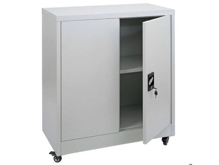 Armoire de bureau metallique gris clair avec roulettes meuble de rangement verrouillable 2 portes etagere reglable 04_0009382