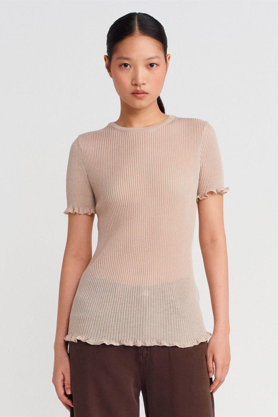 Slim Fit Geribbelde Volant Blouse