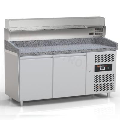 Big-Gastro Pizzakühltisch - Pizzatisch mit 2 Türen inkl. Glaskühlaufsatzvitrine für 1/4 GN Behälter - IDEAL graue Granitarbeitsplatte