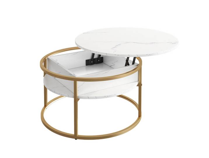 Vicco Couchtisch Marlo Weiß Marmor 77 x 77 cm, Weiß, Goldfarben, Holzwerkstoff, Rund, 77x52x77 cm, Wohnzimmer, Wohnzimmertische, Couchtische