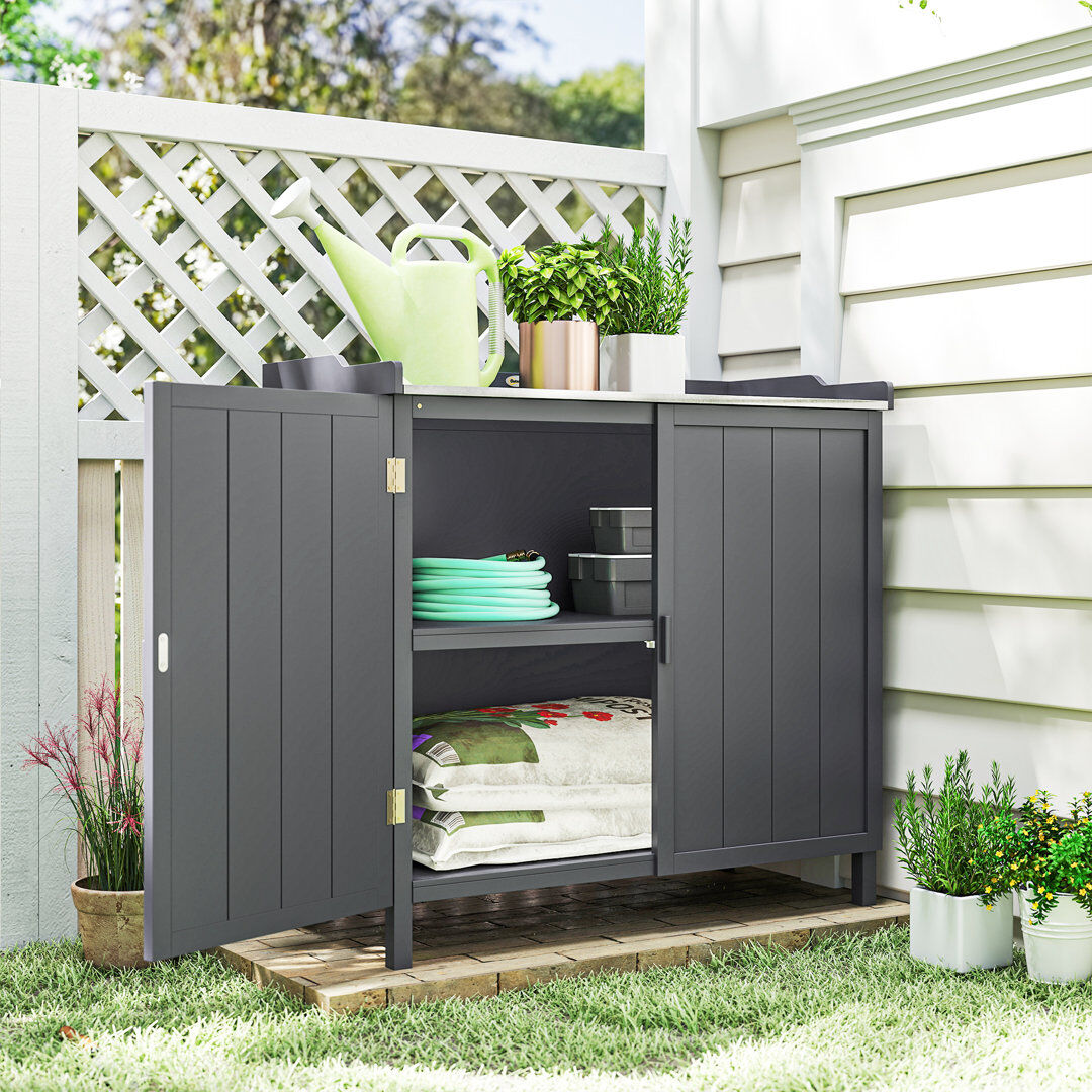 WFX Utility Outsunny Wood Garden Storage Cabinet with Galvanised Top Two Shelves Grey Gray 95.5cm H X 98cm W X 48cm D