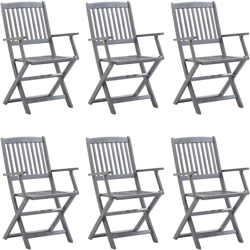 6er-Set klappbare Essstühle für die Terrasse mit Sitzkissen, grau lasiertes Massivholz aus Akazie, bis 110 kg belastbar
