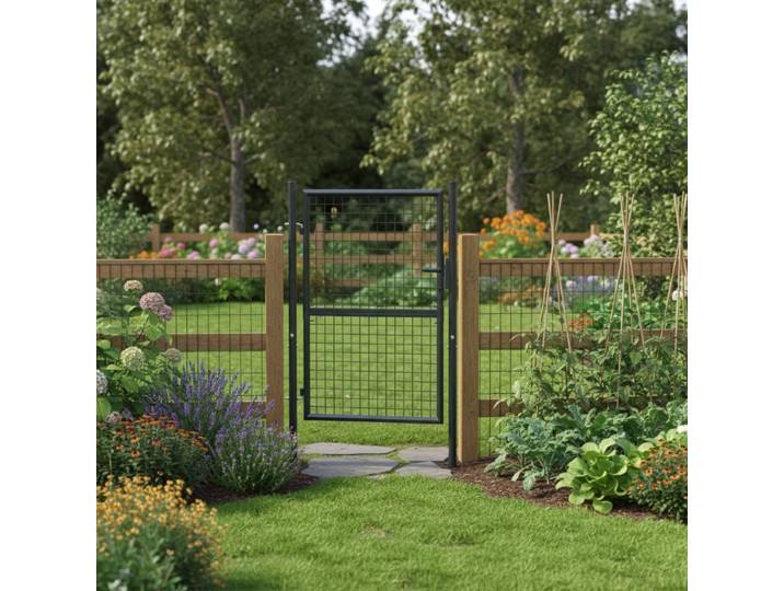 Portail de jardin grillagé 100x125 cm en acier galvanisé anthracite, barrière de jardin anti-rouille pour terrasse et patio