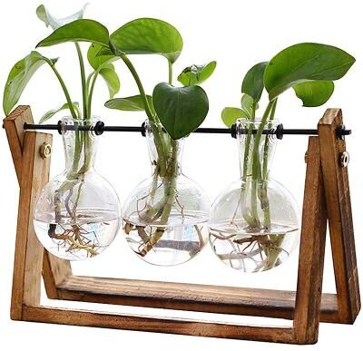 LightInthebox Creative Wooden Frame Glass Vase Tabletop Terrarium Hydroponics Plant Vases Bonsai 3 Transparent Flower Pot with Wooden Tray Home Decor