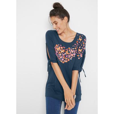 T-Shirt BONPRIX, Damen, Gr. 48/50 (XL), blau (dunkelblau), Obermaterial: 100% Baumwolle, bequem, Shirts T-Shirt, bequeme Passform, Halbarm-Design, aus Baumwolle, ohne Kragen
