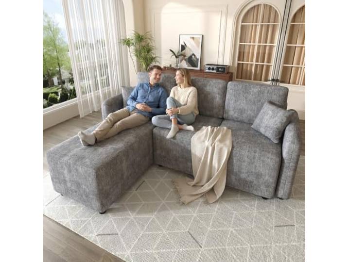 Merax L-Form Ecksofa 3-Sitzer mit Langer Liegefläche (144 cm), Chenille-Bezug & Hochdichteschaum, bequemes Sofa mit 2 Kissen, Tragkraft 150 kg, für Wohnung & Studentenwohnheim, Grau