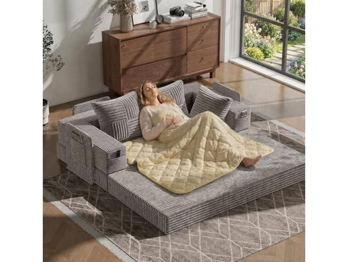 Fabulcozy 4-in-1 Schlafsofa 3-Sitzer mit Aufbewahrungs-Armlehnen, 2-in-1 Kissen-Decke Inklusive, Boneless in Cordvelours, Metallrahmen, Waschbarer Bezug, für Wohnzimmer & Schlafzimmer(Grau)