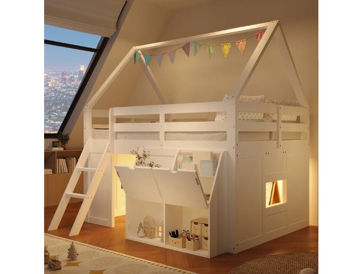 MODFU Hochbett Bettgestell mit Treppe LED Licht und Aufbewahrungslösungen (Packung, 2-St., 140×200 cm Kinderbett Hausform Weiß mit Stauraumboxen,mit Matratze) Hausbett mit Klappboxen und Stofftaschen für Kinderzimmer