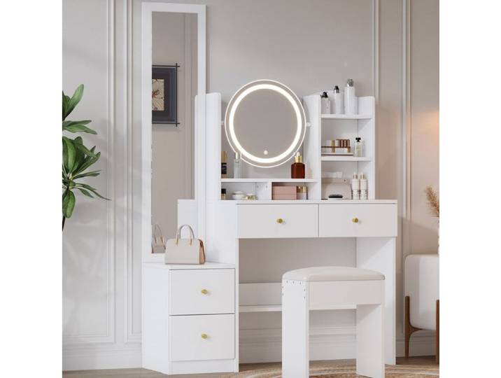 Coiffeuse 4-en-1 blanche avec miroir pleine longueur miroir LED pivotant tabouret et 4 tiroirs