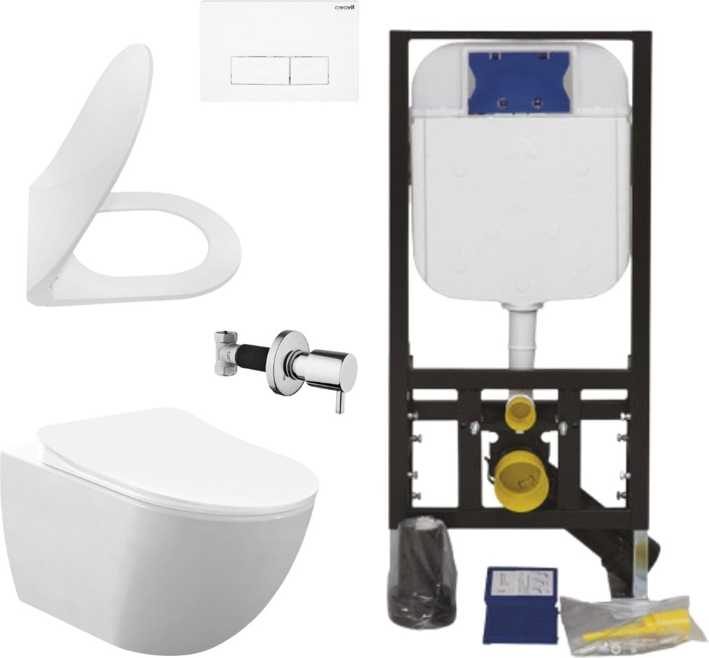Creavit hangtoiletset wit met inbouwreservoir, roestvrijstalen spoelknop en soft-close toiletbril, onderbouwmodel, 3/6 liter spoelvolume