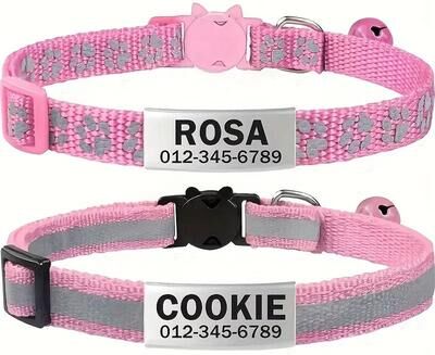 Uplift Essentials Custom Reflective Cat Safety Collar Set Personalized ID & Quick Release Buckle For Kittens & Small Dogs (2 Pack) pink
