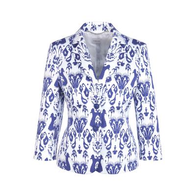 Kurzblazer MADELEINE "Blazer Bedruckter Kurzblazer", Damen, Gr. 36, weiß (weiß, tintenblau), Obermaterial: 97% Baumwolle CO. 3% Elasthan EL., Modern, Blazer Kurzblazer