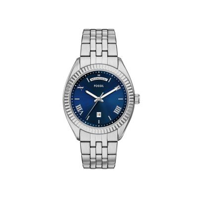 Quarzuhr FOSSIL "CAMPBELL", silber (edelstahlfarben, blau, blau), Armbanduhren, Herren, edelstahlfarben, Quarzuhr, Armbanduhr, Herrenuhr, Edelstahlarmband, analog, Tag, Wochentag