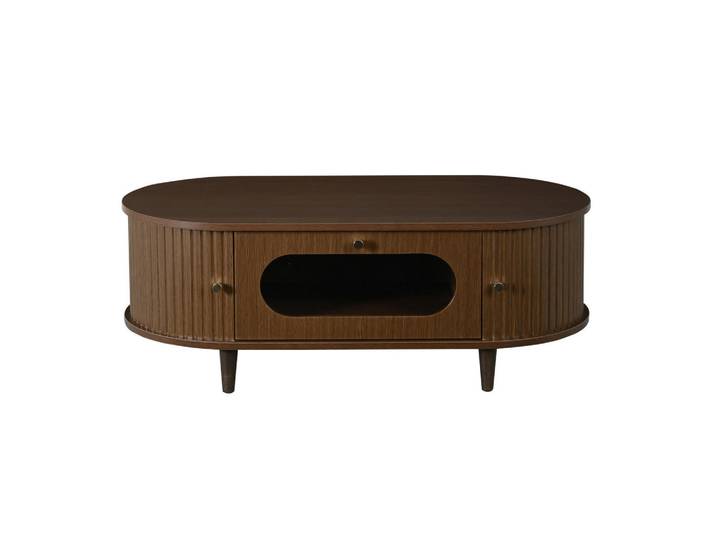 Urban Meuble Couchtisch walnuss rolltür schublade stauraum, Walnussfarben, 1 Schubladen, Oval,Oval, 100x36x50 cm, Wohnzimmer, Wohnzimmertische, Couchtische