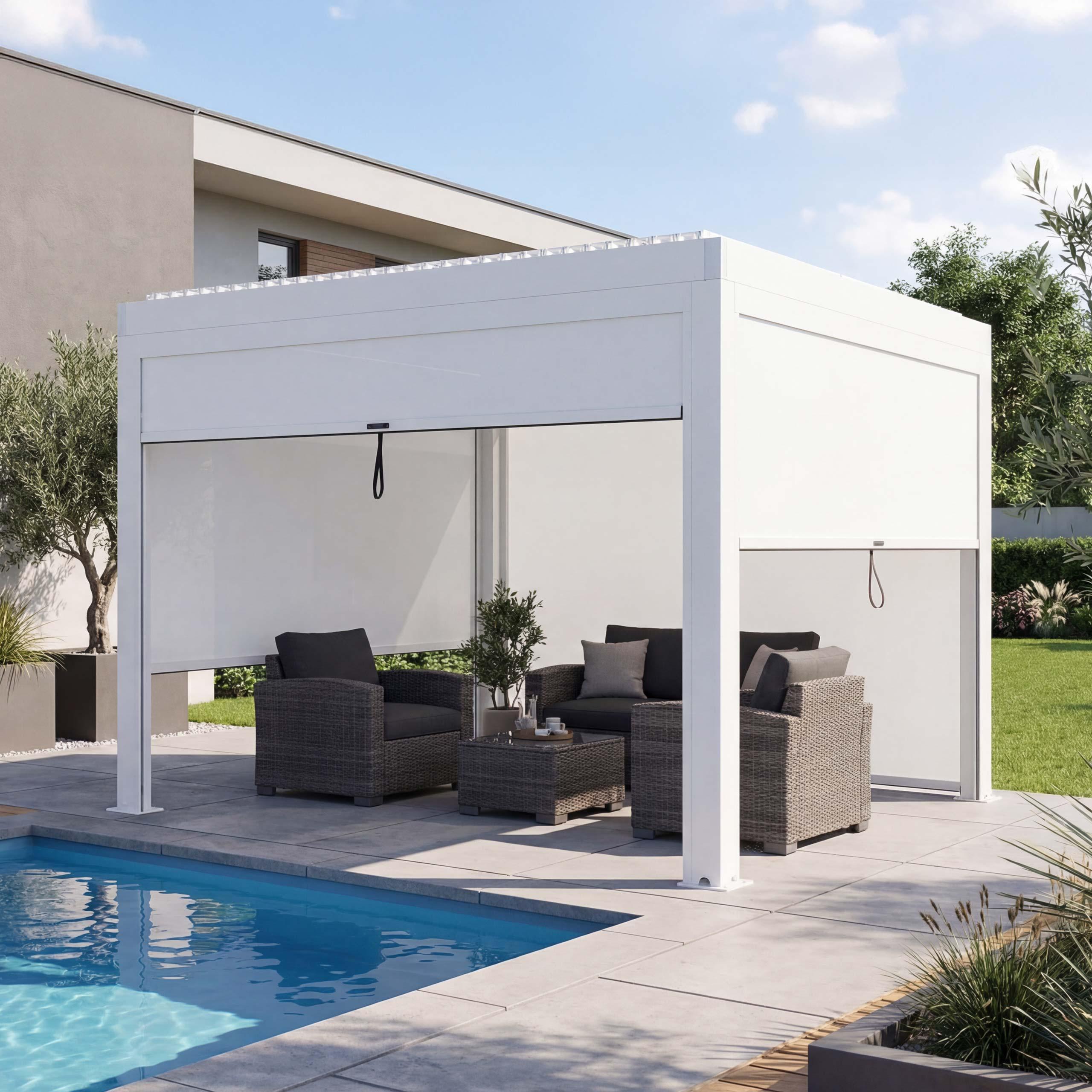 Pergola HWC-L46 mit Seitenwand, Gartenpavillon Lamellen-Pavillon Rollo, 11cm-Alu-Gestell, sturmfest 3x3m weiß