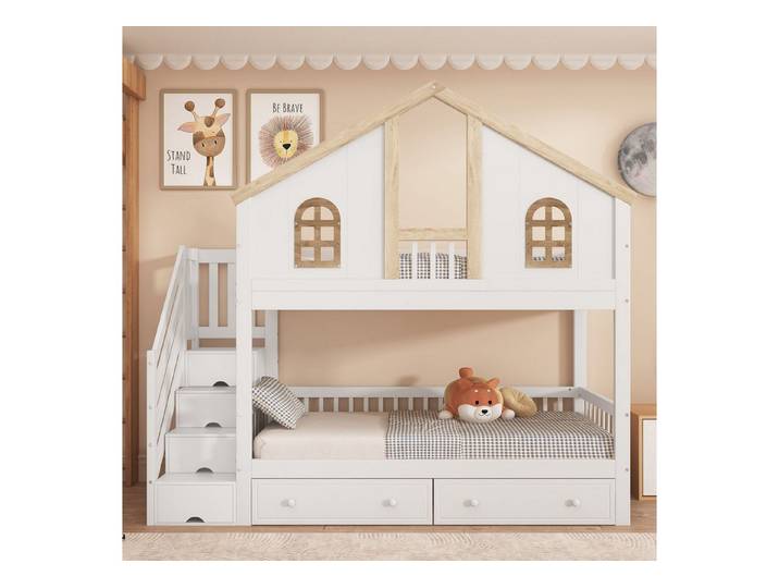 REDOM Kinderbett Doppelstockbett im Haus-Design mit Klappfach-Treppe (Packung, sicherer Schlafplatz, viel Stauraum, ohne Matratze), Weiß+Natur, Schubladen, Stauraum, 90x200 cm