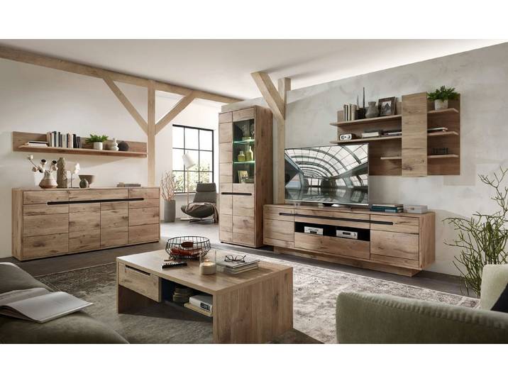 moebel-dich-auf Wohnwand BELLINZONA, (Wohnzimmer-Set, Vitrine + Wandboard + Lowboard), inkl. LED-Beleuchtung, optional mit Couchtisch & Sideboard