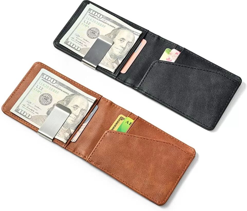 INF Herren Crazy Horse Leder Kartenhalter Geldbörse mit Edelstahl Geldklammer Schwarz