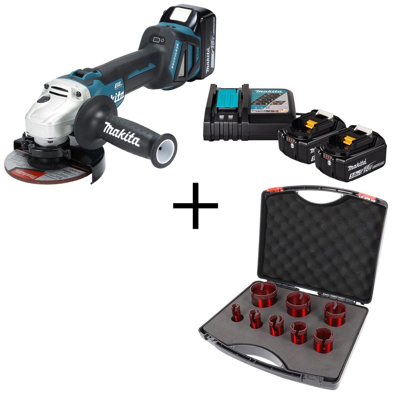 Makita Akku-Winkelschleifer Set mit Speedmaster 8er Bohrerset & 2x Akkus 5,0Ah
