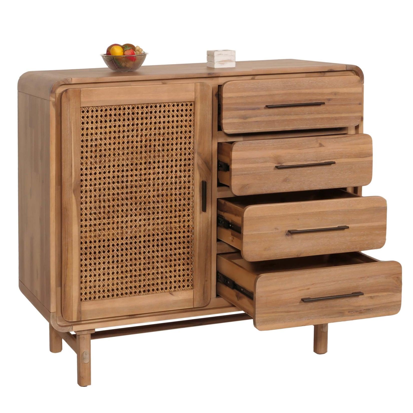 Kommode MCW-M47, Schrank Sideboard Highboard, Staufächer Schublade, Rattan Akazie Massiv-Holz gebeizt 101x109x45cm 44kg
