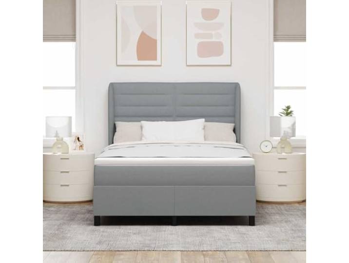 KTHLBRH Boxspringbett mit Matratze hellgrau 140 x 190 cm Stoff Verstellbares Kopfteil, stabiler Rahmen, mittelfeste Matratze, inklusive Topper, pflegeleicht