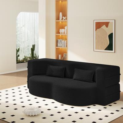 Modern Floor Sofa with 2 Pillows,Convertible Teddy Fabric Foam-Filled Sleeper Sofa Bed