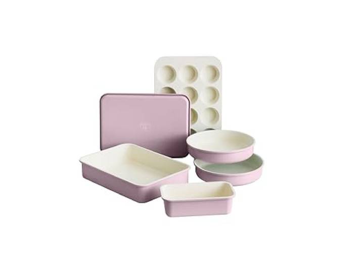GreenLife 6-teiliges Antihaft-Backformen-Set, ungiftig, PFAS-freie Keramik, Ofenpfannen, spülmaschinen- und ofenfest bis 230 °C, leicht zu lösen, Backblech, Kastenform, rechteckiger und runder Kuchen
