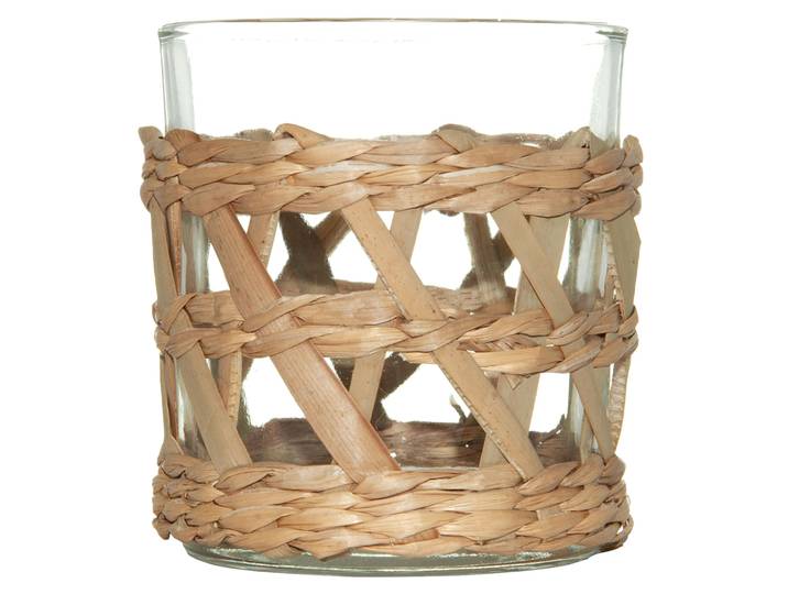 Kerzenhalter aus Glas und Stroh, Windlicht mit Stroh-Umrandung, Ø 7 x H 8 cm
