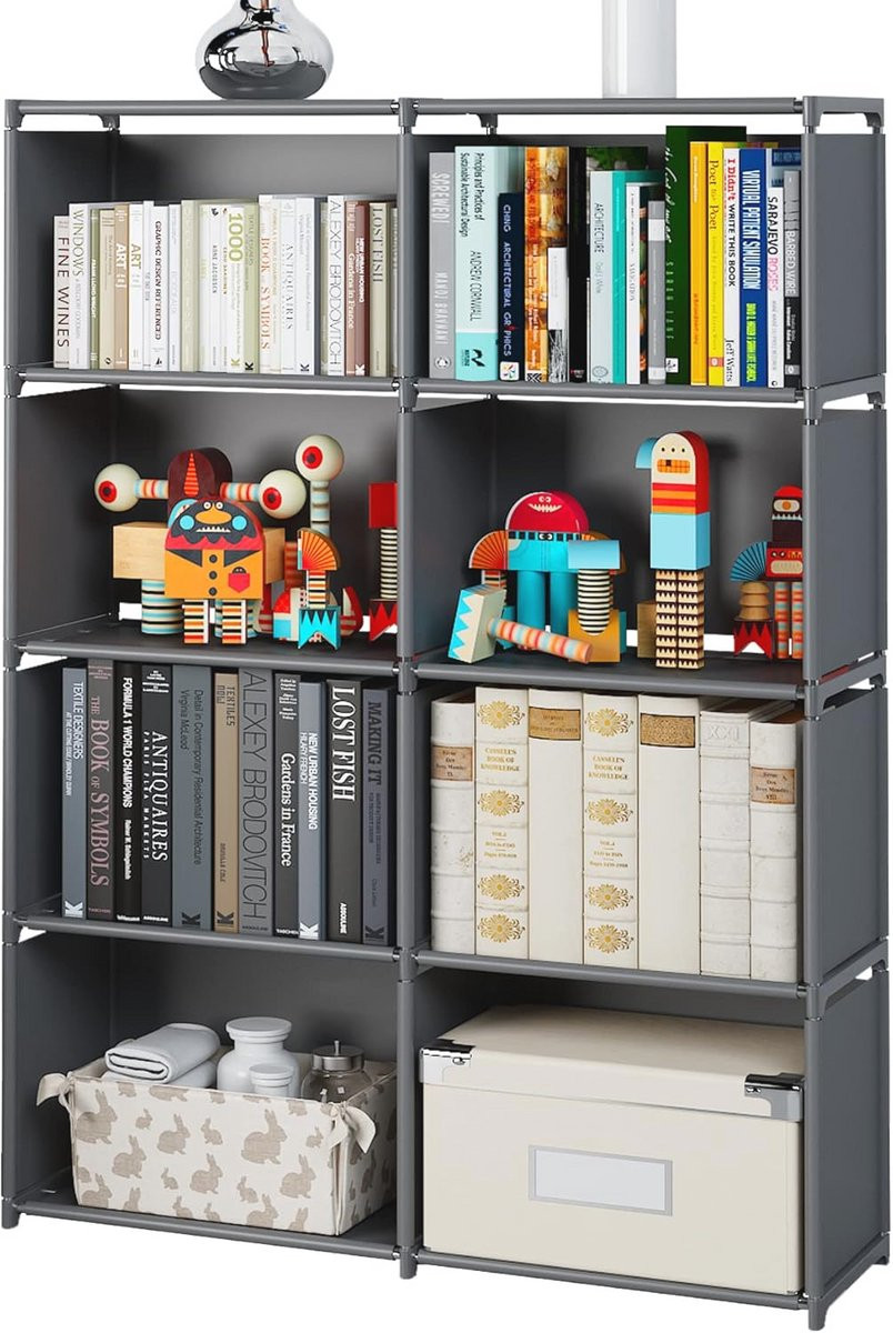 Multifunctionele Boekenkast met 8 Roosters en Dubbele Rijen in Grijs
