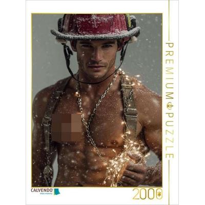 CALVENDO Puzzle Sexy Feuerwehrmann mit nacktem Oberkörper und Lichterkette | 2000 Teile Lege-Größe 90x67cm Foto-Puzzle für glückliche Stunden