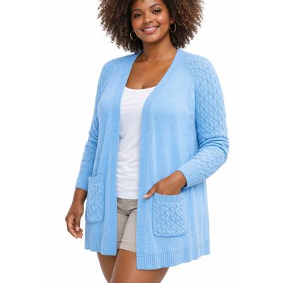 Cardigan KANGAROOS, Damen, Gr. 48/50, blau (hellblau), Feinstrick, Obermaterial: 50% Viskose, 26% Polyamid, 24% Polyester, bequem ca. Mitte Oberschenkel, V-Ausschnitt, Raglanärmel Rippstrickbündchen, Strickjacken, casual Stil, bequeme Passform, mit...