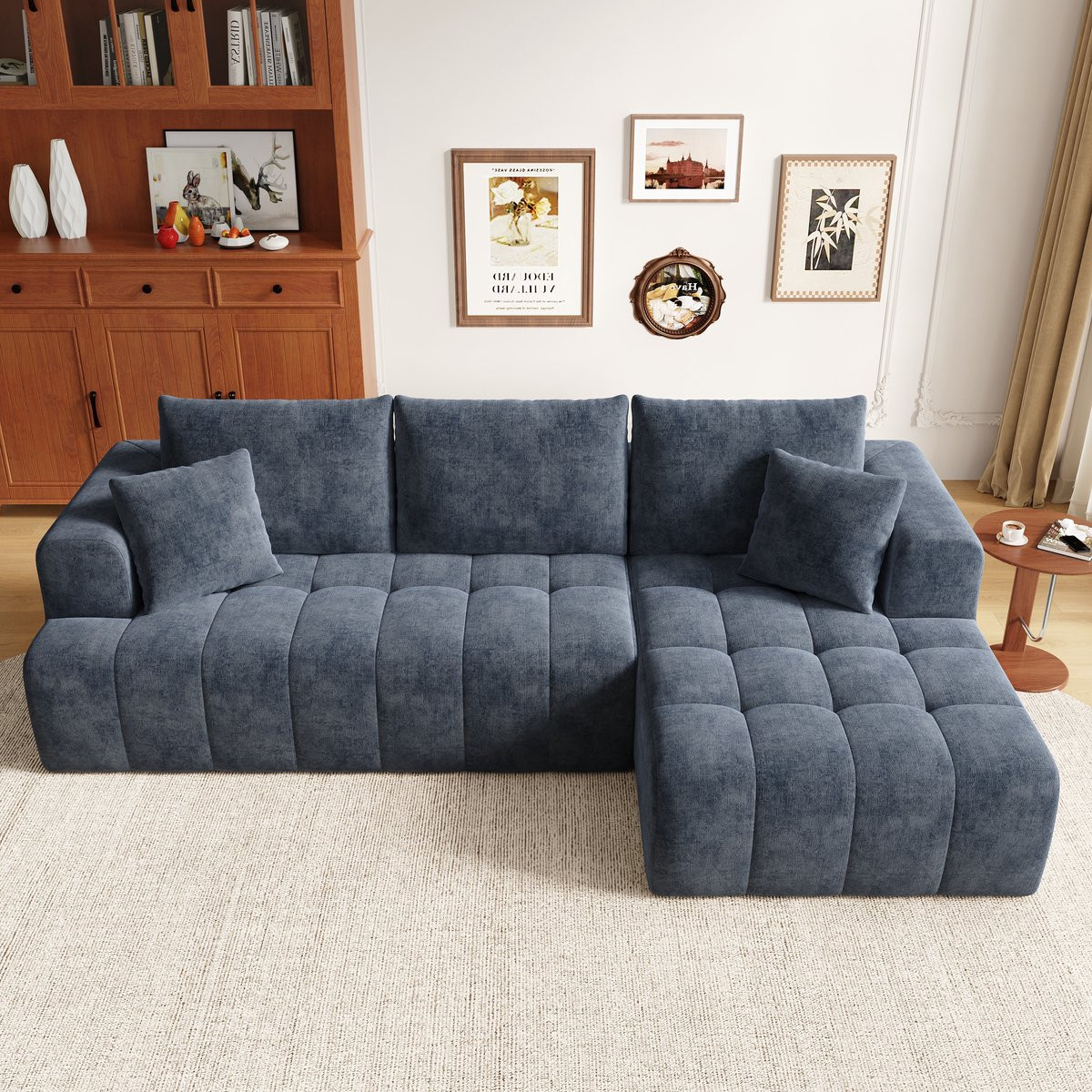 Komhtom Modulaire L-vormige hoekbank in blauwe chenille-stof