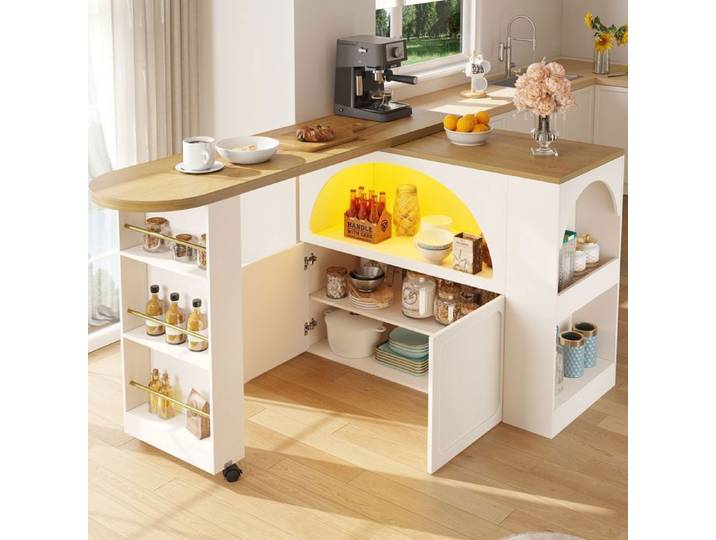 Table de Bar avec LED Table Basse Réglable en Hauteur Table avec Nombreux Rangements Table Basse avec Portes Cintrées Blanc.