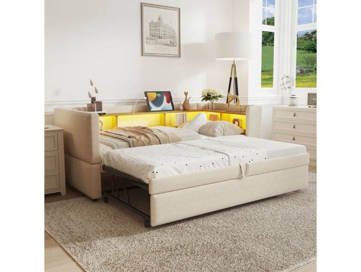 Canapé-lit 90x190 cm avec rangements LED et prises pour petit espace